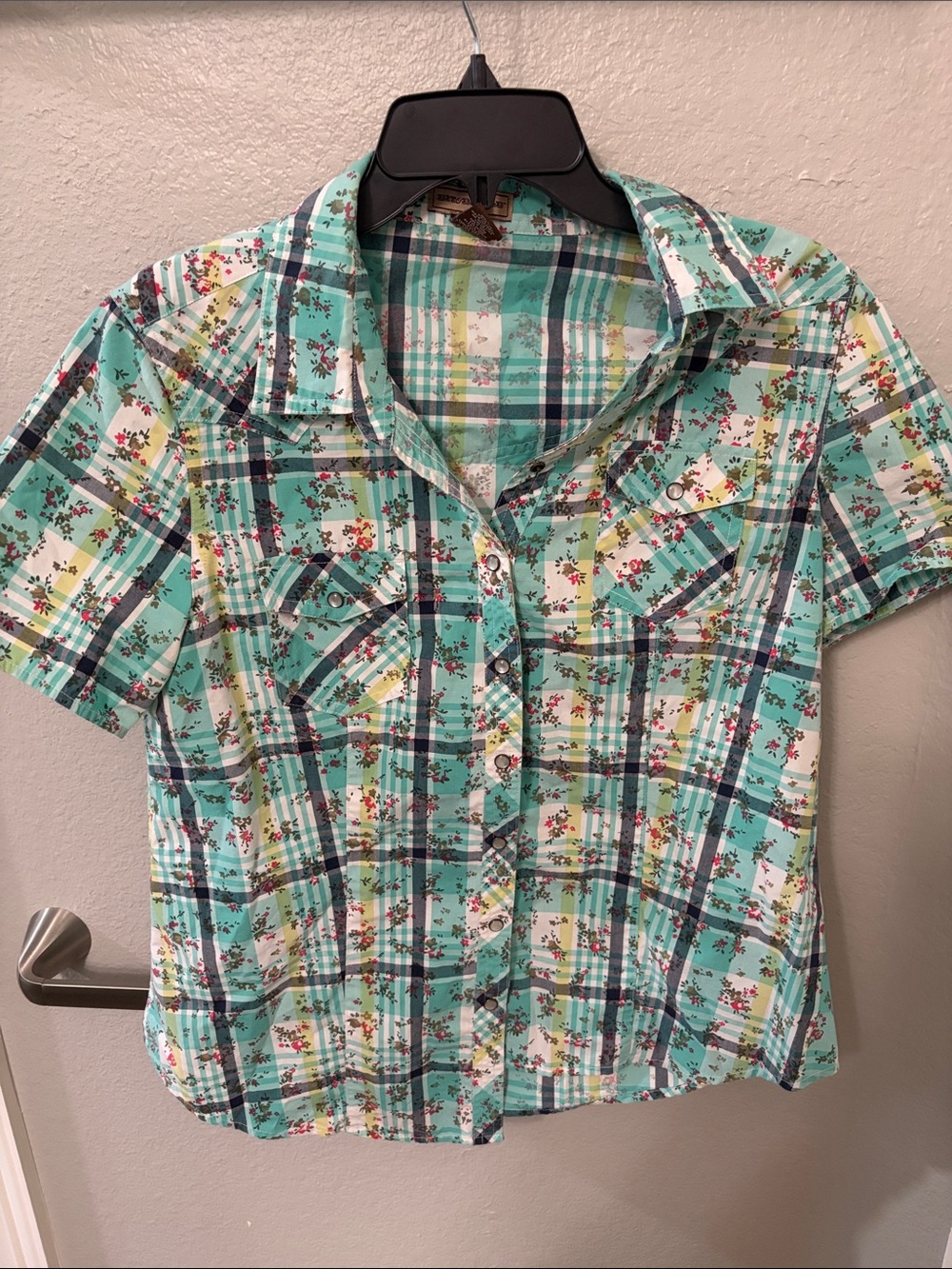 Bit & Bridle Mint Green Plaid Floral Button-Down Shirt